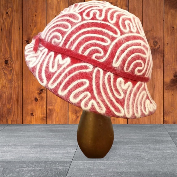 VINTAGE Wool Angora Bucket Hat Gatsby Flapper Costume Grandma Core Red Embroider - Picture 13 of 16